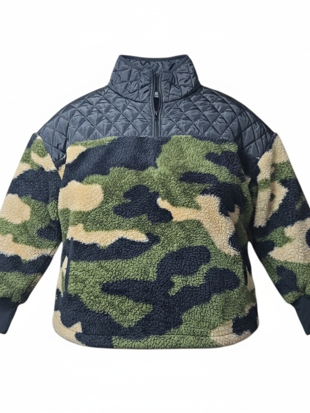 LULAROE | Cozy Nancy Sherpa Camo Fleece Pullover Black Quilted Yoke Half Zip | L